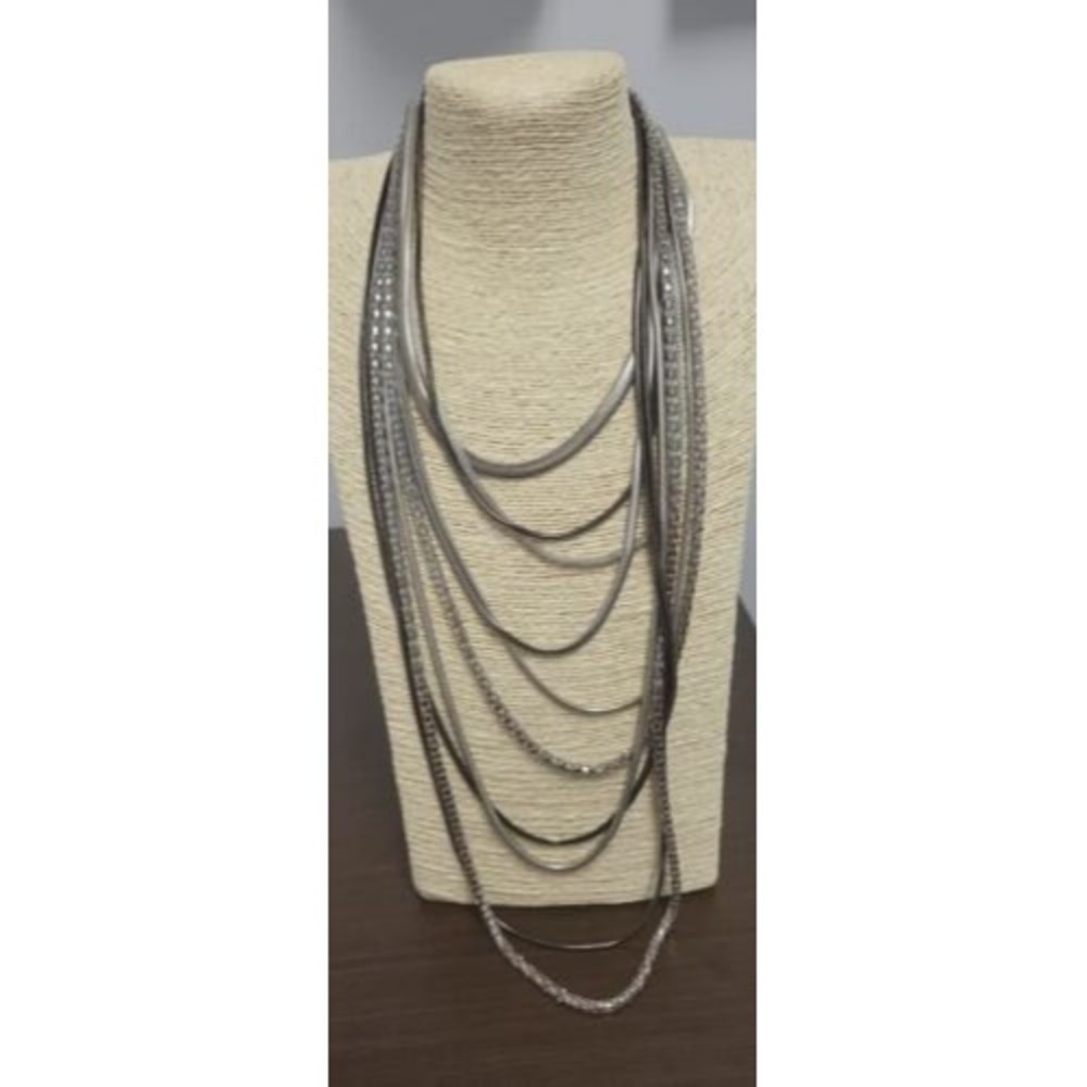 CHICO'S Silver Tone Gunmetal Tone Multi Strand Chain Necklace Statement Slinky